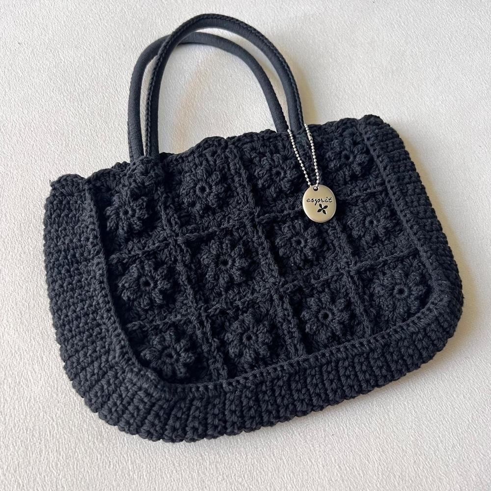 Black crochet handbag with floral motifs y2k hippie boho goth Whimsigoth espirit